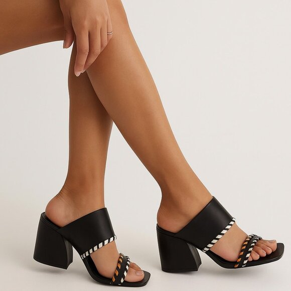 Vince Camuto Kafinny High Heel Sandals Black Tan Strappy Block Heel Size 8.5M 38 - Picture 1 of 12